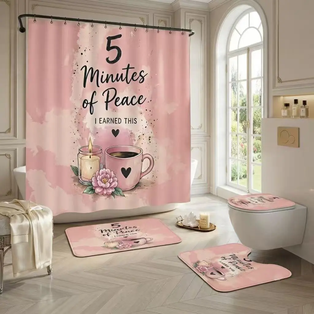 5 Minutes of Peace I Earned This Shower Curtain Set – Soft Pink Watercolor with Coffee Cup, Candle & Peony, Calming Self-Care Bathroom Decor for Wellness Lovers & Mindful Morning Rituals