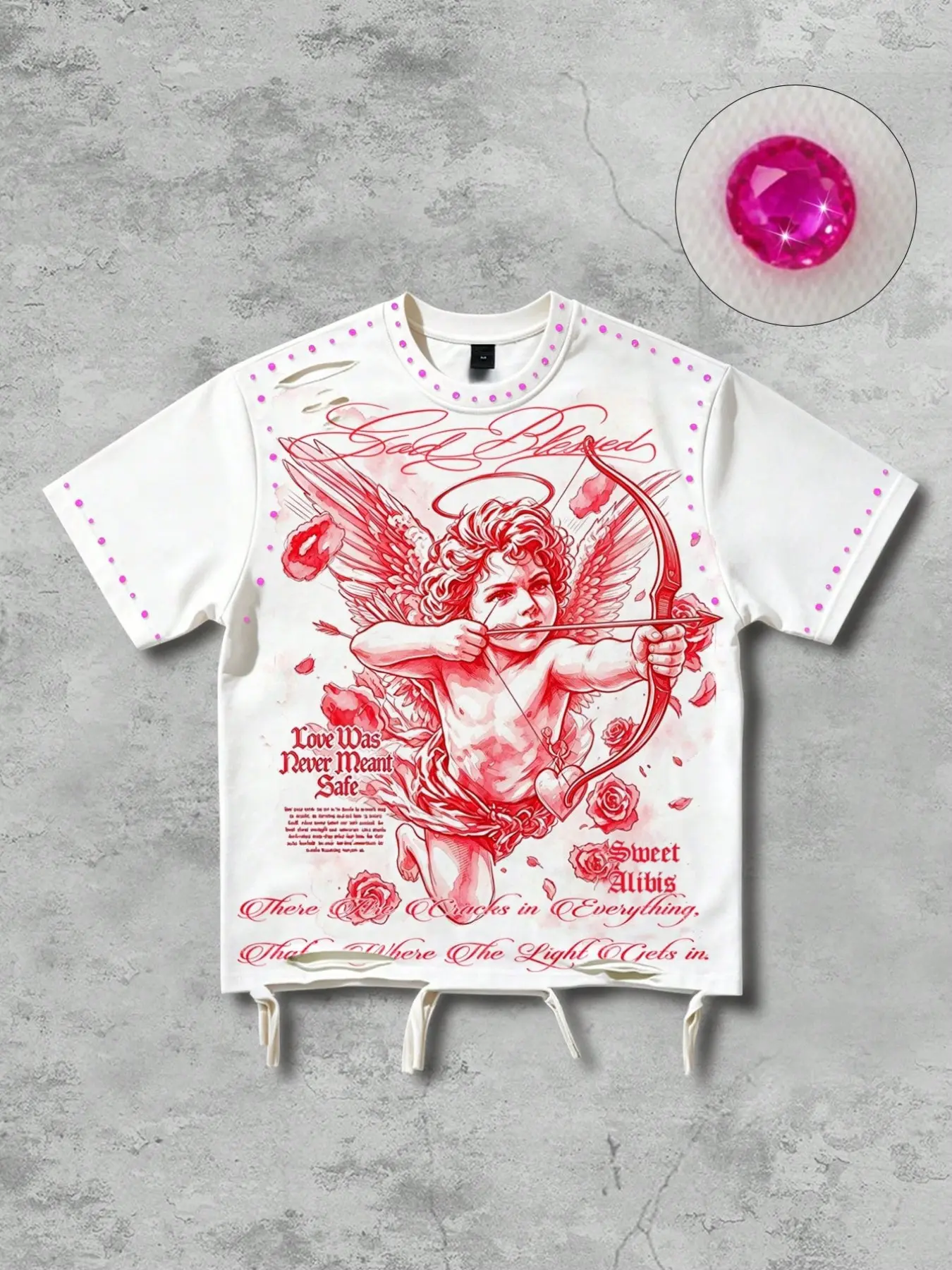 Romantic-style pink Cupid graphic T-shirt for men (unisex fit), featuring distressed details, rips, and pink rhinestone embellishments. Design includes a Cupid archer motif and script lettering. Loose, casual fit suitable for both men and women.