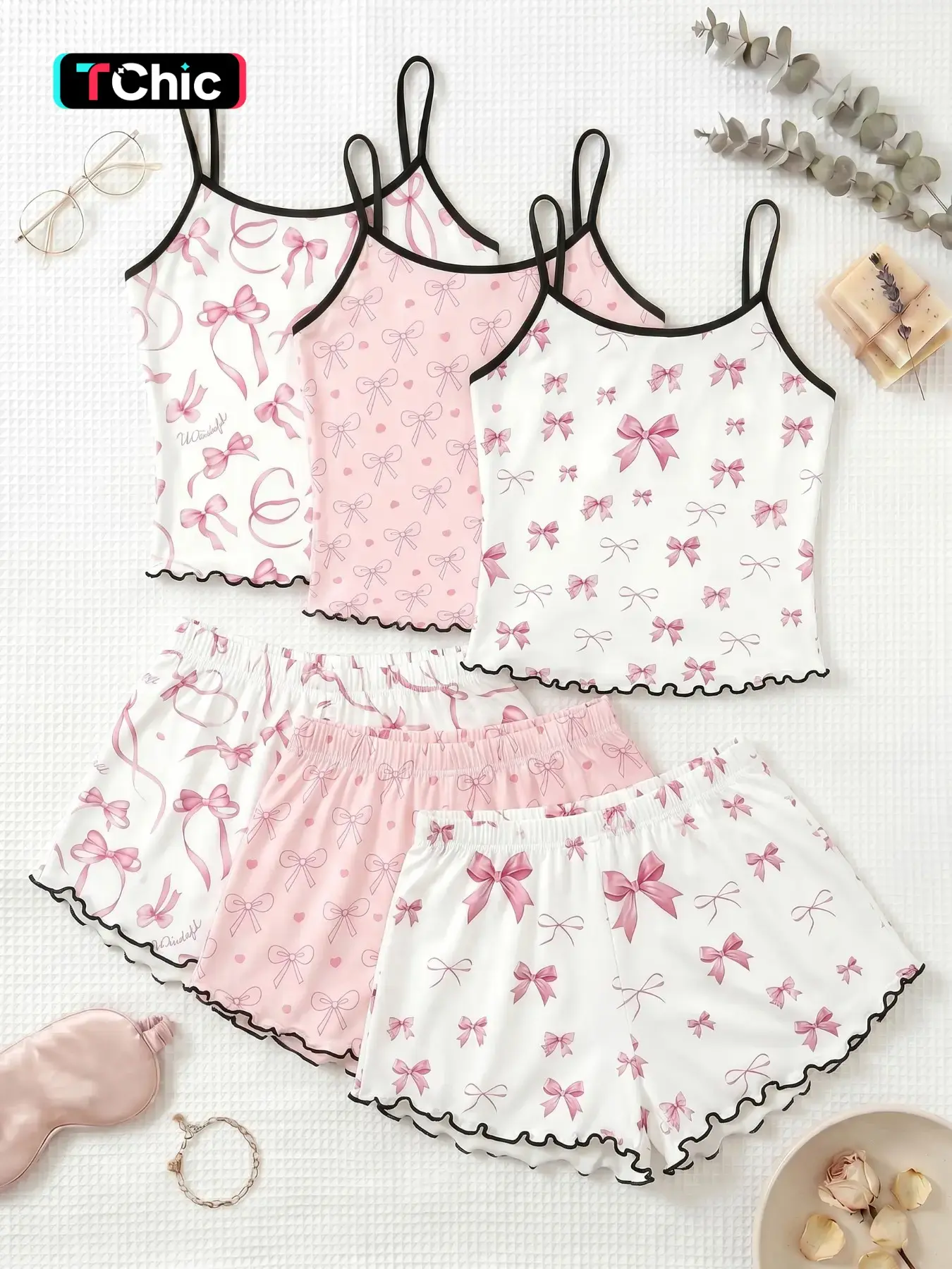 3-Piece Set Butterfly Knot Print Spaghetti Strap Tank Top Shorts Pajamas Loungewear, Trim Ruffle Design, Sweet Cool Girl Style, Breathable Home Sleepwear, Ruffled, Aesthetic