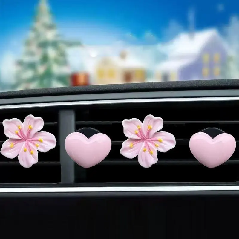 Cute Pink Sakura Flower Red Bow Love Heart Car Air Vent Outlet Clips Set Aesthetic Resin Car Freshener Clips Interior Decor Accessories Gifts for Women Girls