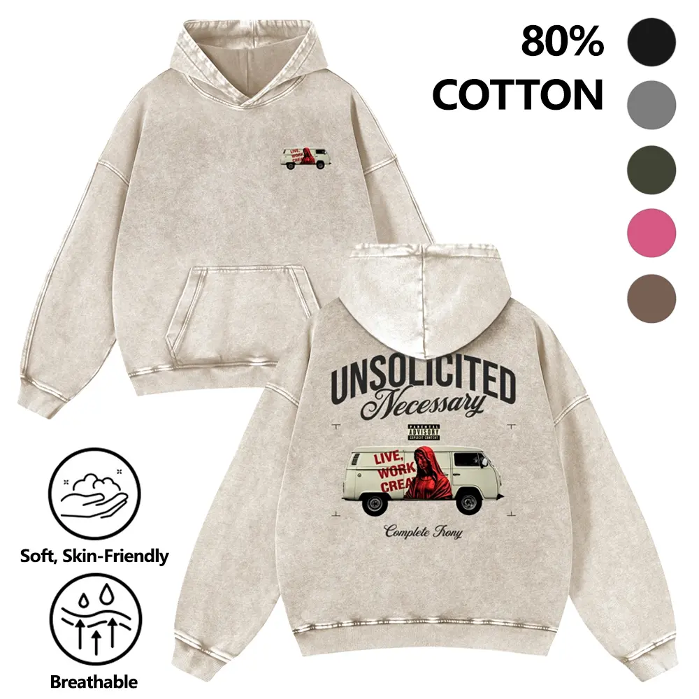 "Unsolicited Necessary" Retro Van Graphic Front&Back Print Vintage Washed Oversized Hoodie Vintage Washed Live Work Create Retro Van Text Back Print Casual Oversized Hoodie 380g Autumn VIntage Washed Hoodie Graphic Sweatshirt