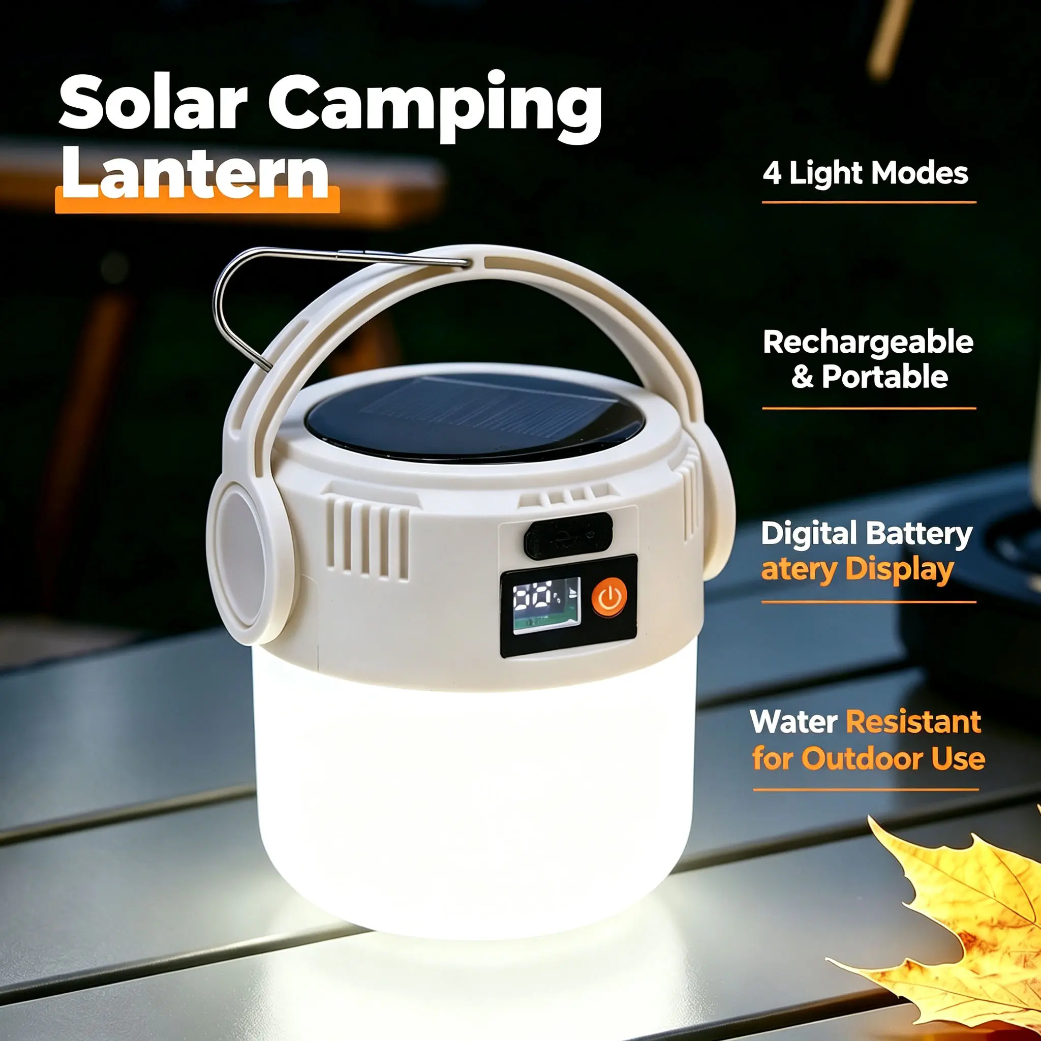 Solar Camping Lantern, USB & Solar Rechargeable LED Tent Light, 4 Light Modes, Waterproof Portable Hanging Lamp with Power Display for Camping Hiking Fishing Emergency