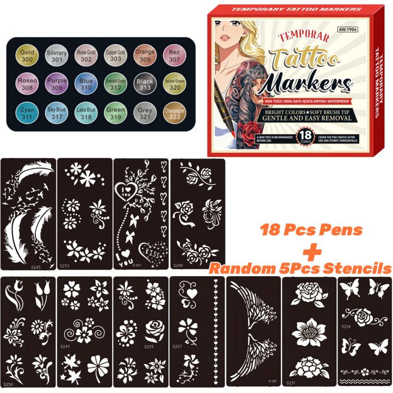Temporary Tattoo Markers,10/12/18/24 Colors Metallic Markers,Tattoo Stencil, Cosmetic Tattoos Pens,Flexible Brush Tip, Bright colors, Face Paint Kit Cosmetic Quality,Christmas gifts