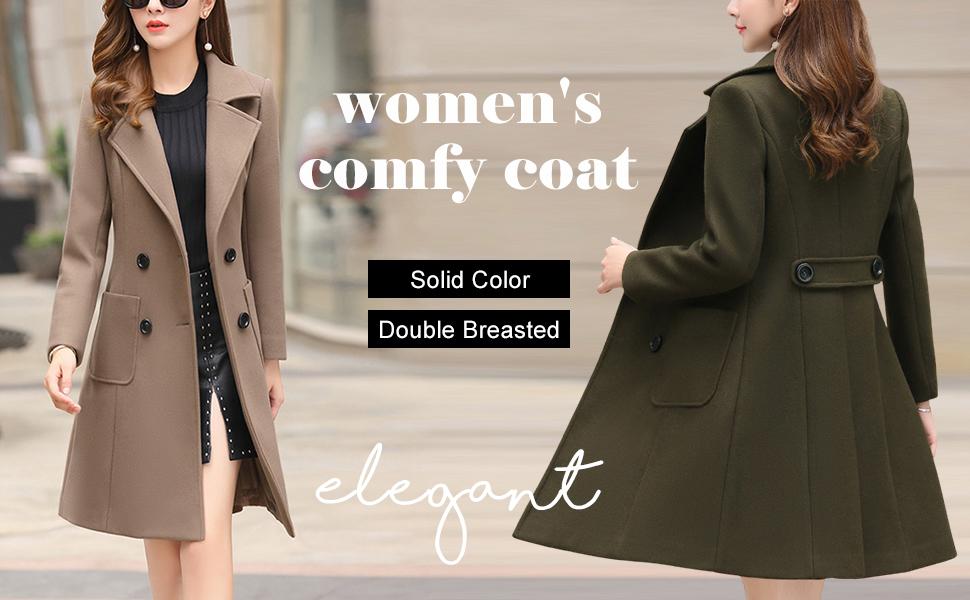 Chouyatou Women Elegant Notched Collar Double Breasted Wool Blend Over Coat Womenswear Army Women's Elegant