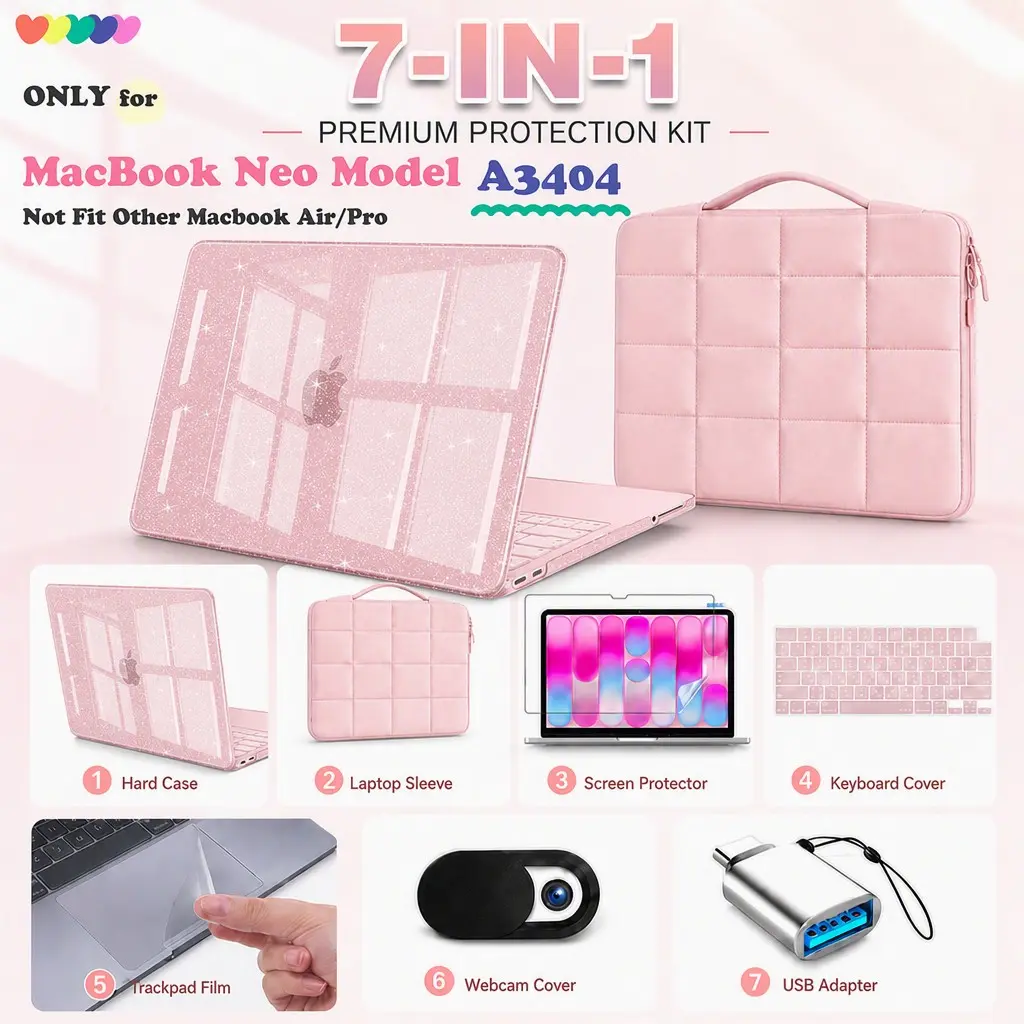 Nexabridge Macbook Neo Case 13 Inch 2026 A3404, Exact Fit Hard Shell, Scratch & Fingerprint Resistant, Sixteen Grid Puffy Bag, Keyboard Skin, Type C, Screen Film