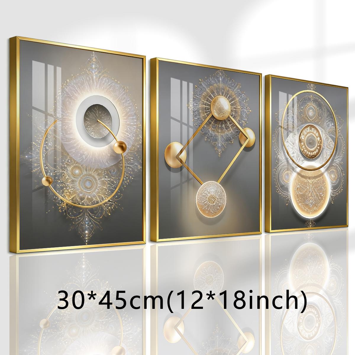 3 Counts Aluminum Alloy Framed Painting, Golden Abstract Geometry Light Art, Home Decoration For Living Room, Bedroom, Office, Restaurant, Hallway Wall Decor, Odorless Print Artwork, Luxury Perfect Gift For Friends And Family