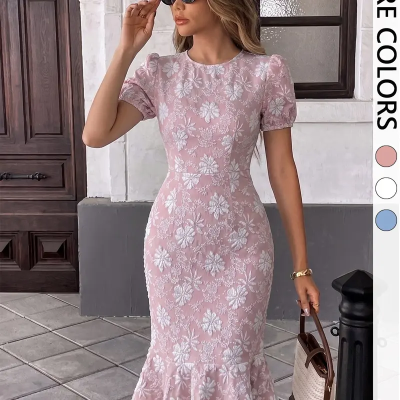 Lace Embroidered Waist Cinched Fish Tail Dress, Intelligent Commuter Style Elegant Short Sleeve Dress, Chic for All Seasons, Fish Tail Hem
