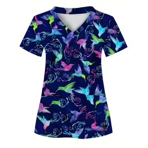 Full-body print, colorful bird pattern, Women's scrub top with two pockets - comfortable, breathable, and practical uniform suitable for professionals in hospitals, dental clinics, beauty salons, and healthcare institutions.Nurse workwear