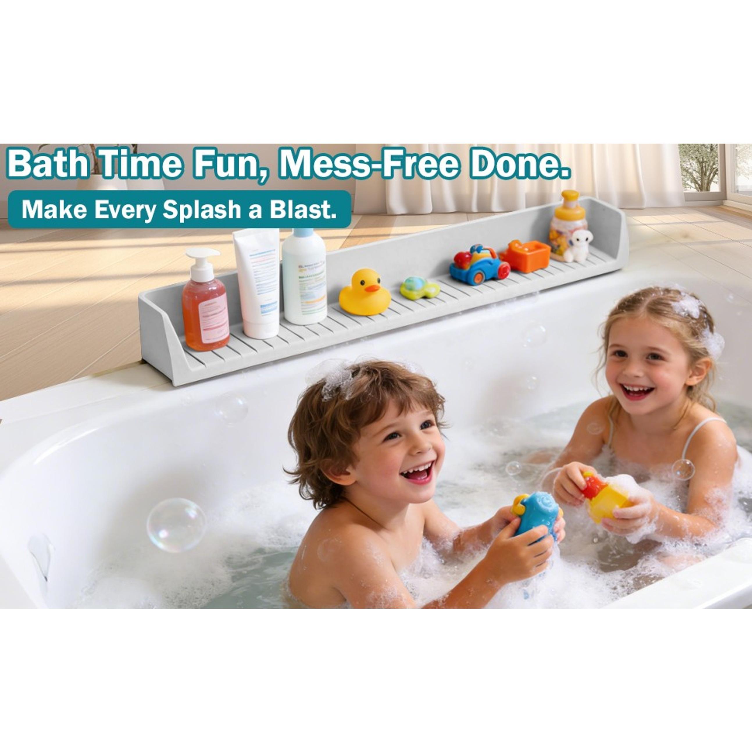31" Extra Long Flexible Silicone Bathtub Splash Guard, Functional Bath Accessory with Organiser, Toy Tray & Caddy Holder for Kids, Prevents Water Spills & Messy Floors, Grey Tub Edge Guard, Play Shelf