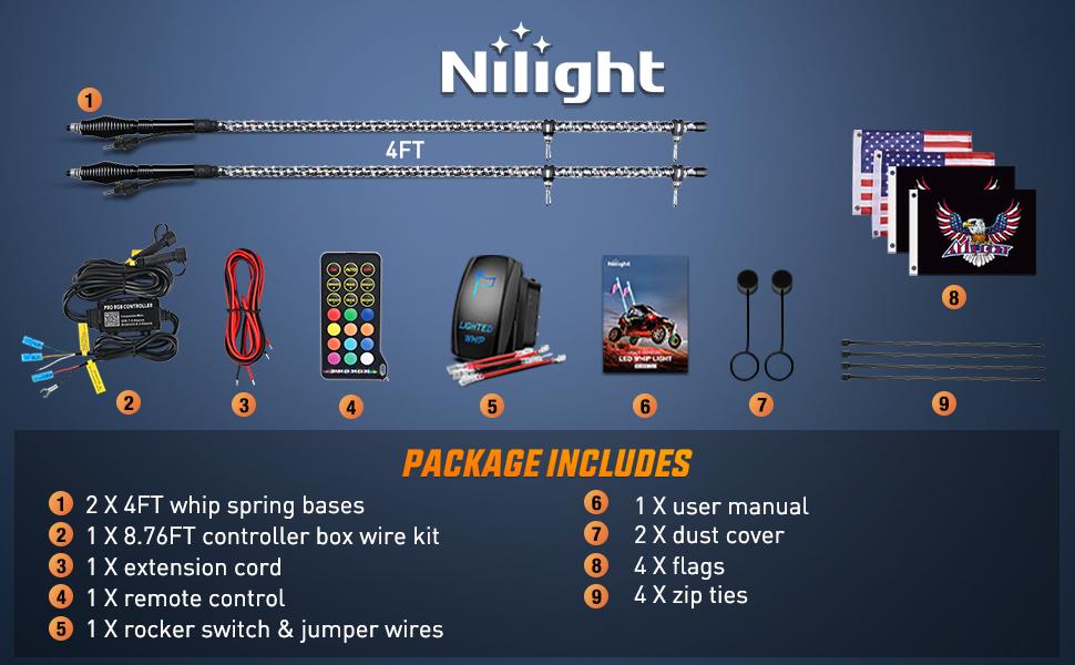 Nilight 2PCS 4FT RGB LED Whip Light with Spring Base Remote & App Control w/DIY Chasing Patterns Turn Signal & Brake Lights for ATV UTV Polaris RZR Can-am Dune Buggy Jeep Lighting  dealsforyoudays