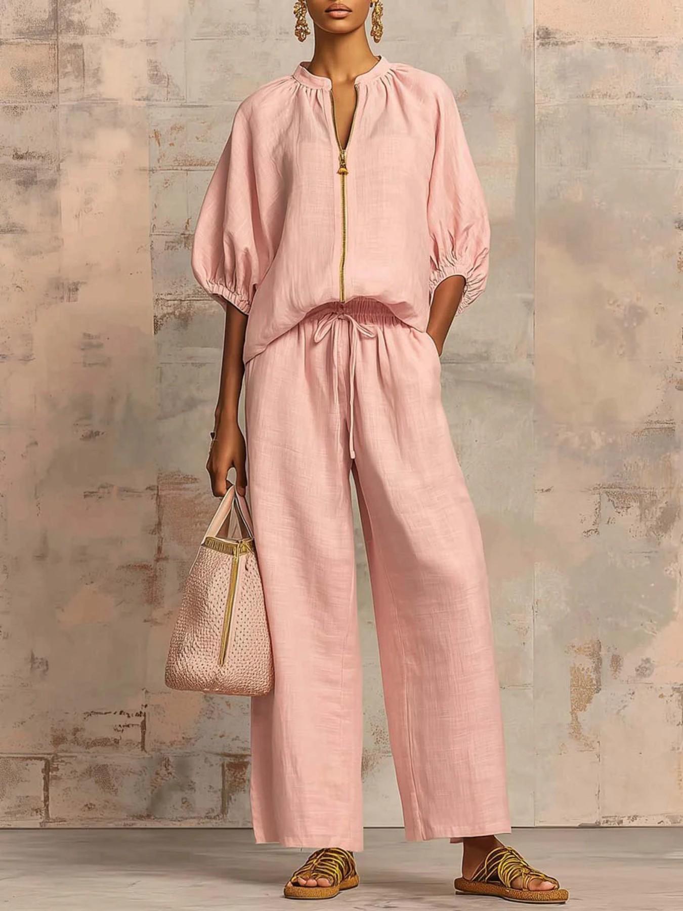 Casual Two-Piece Set, Stand Collar Zipper Bubble Sleeve Top + Adjustable Drawstring Wide Leg Pants, Versatile for Commute, Travel, Vacation