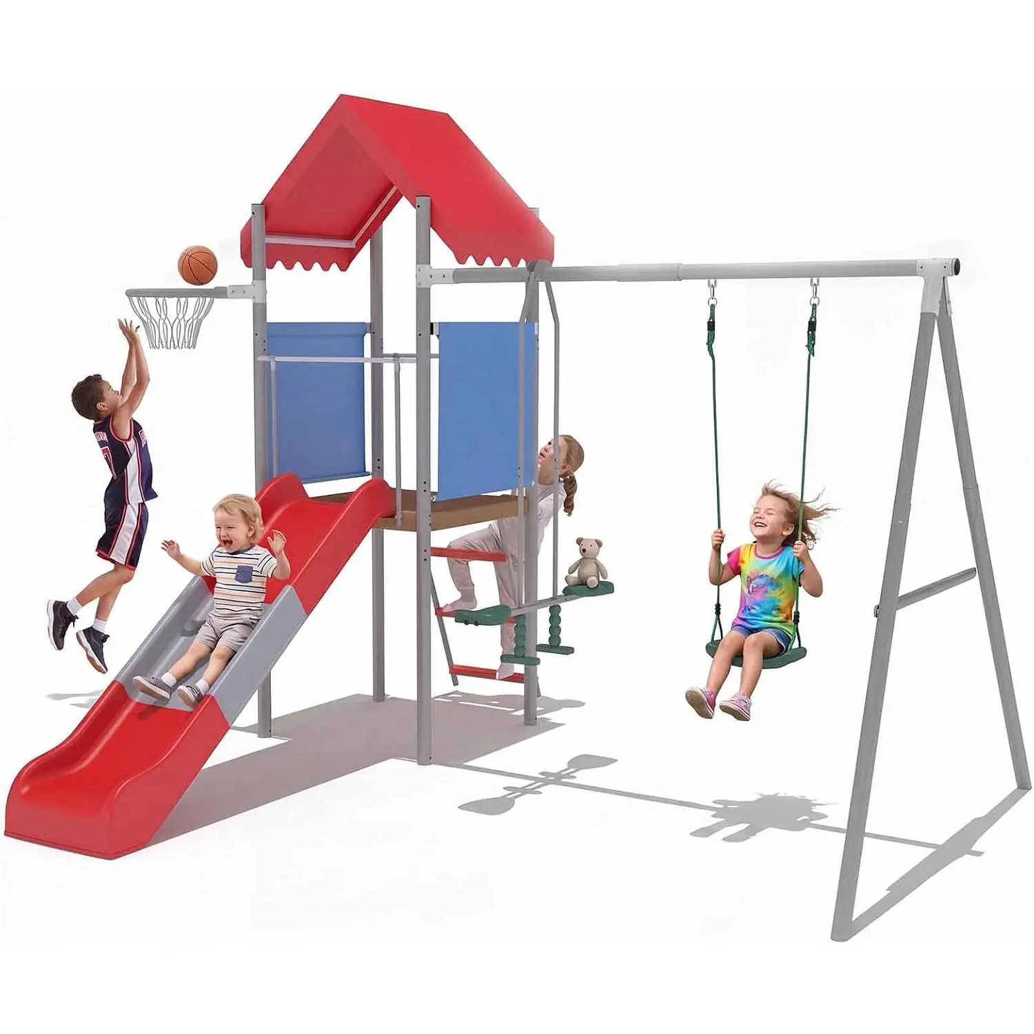 Kids Outdoor Playground Set with Metal Swing Set, Slide, Treehouse Platform & Basketball Hoop, Galvanized Steel Backyard Playground Equipment for Outdoor Play Children(2 Boxes)