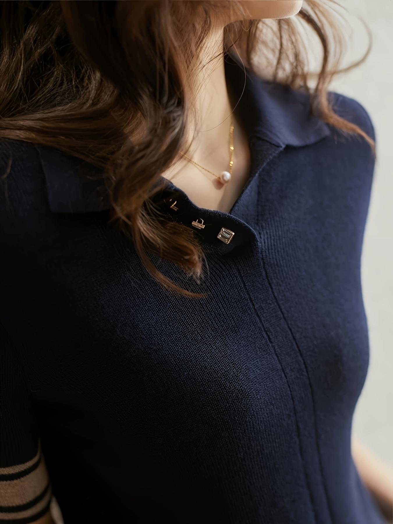 New Fine Knit Polo Shirt T-Shirt for Women, Spring & Fall Versatile Stylish Fitted Knitted Aesthetic Short Sleeve Bottom Layer Top, Casual Fashion