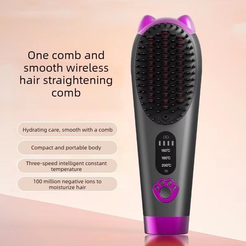 Wireless Hair Straightener Comb, Portable Rechargeable Negative Ion Hair Brush, 3 Temperature Settings, Travel Safe, Suitable for All Hair Types