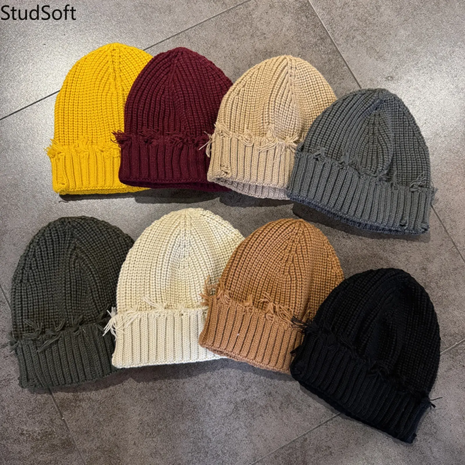 Trendy Distressed Knit Beanie Hat Unisex Ripped Frayed Edge Skullcap Y2K Grunge Slouchy Ribbed Winter Caps for Men Women