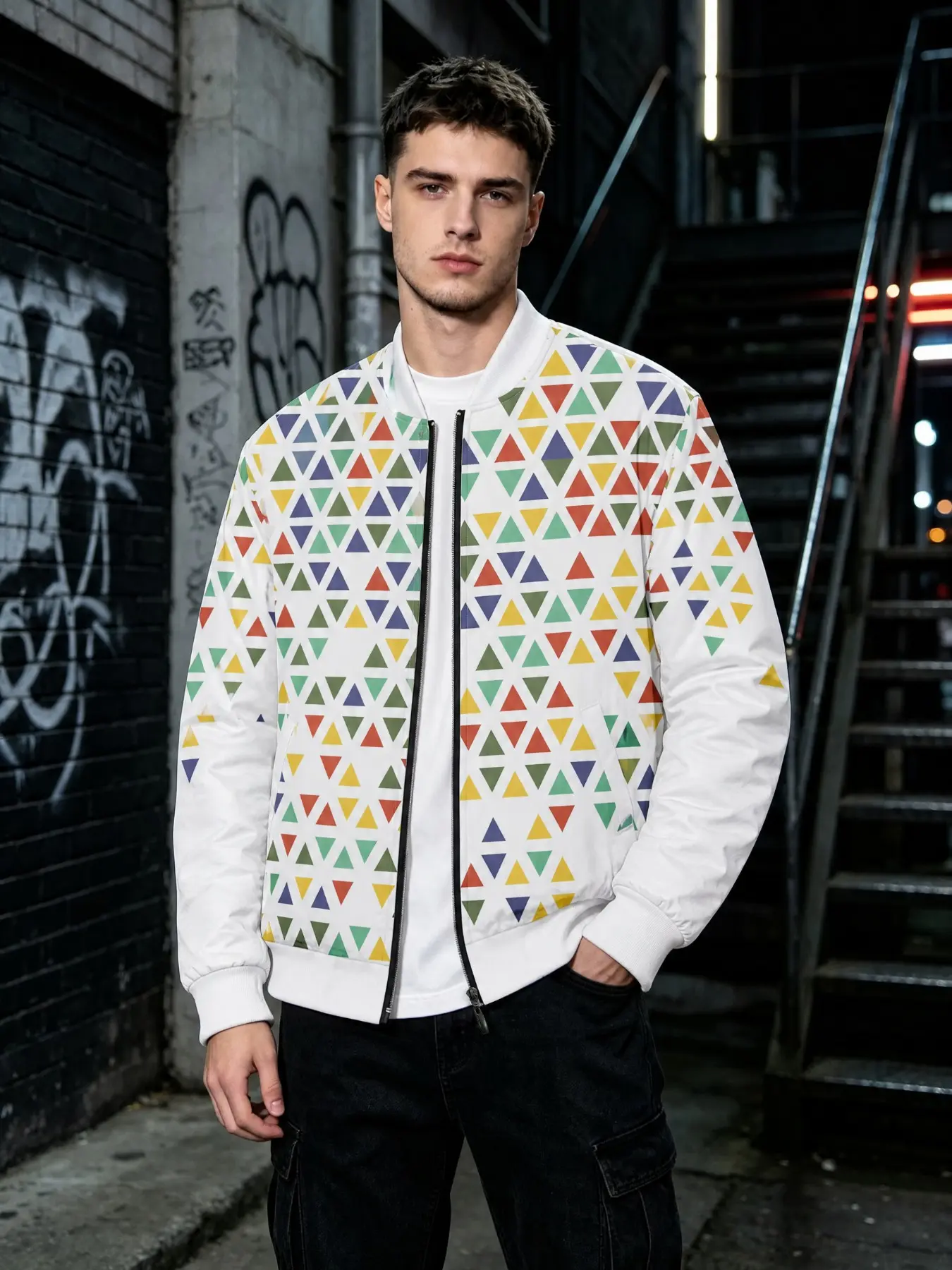 Men's Multicolor Triangle Geometric Print Bomber Jacket, Street Style Long Sleeve Casual Outerwear, Slim-Fitting Unlined Jacket, Fashion Jacket