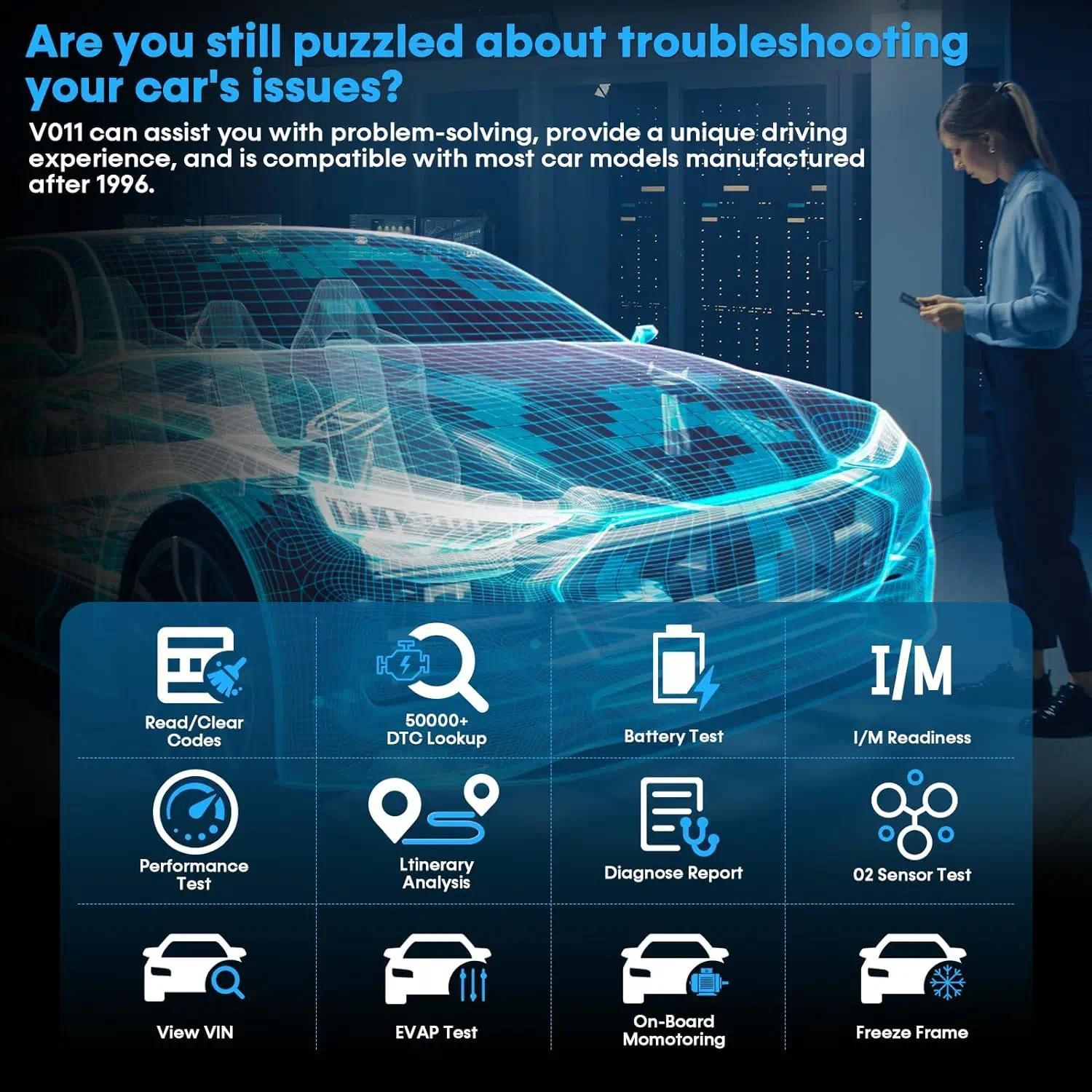 V011 OBD2 Scanner, Bluetooth-compatible 5.4 Diagnostic Scan Tool, Wireless Auto Connect Clear/Reset Engine Error Code Reader for iOS/Android