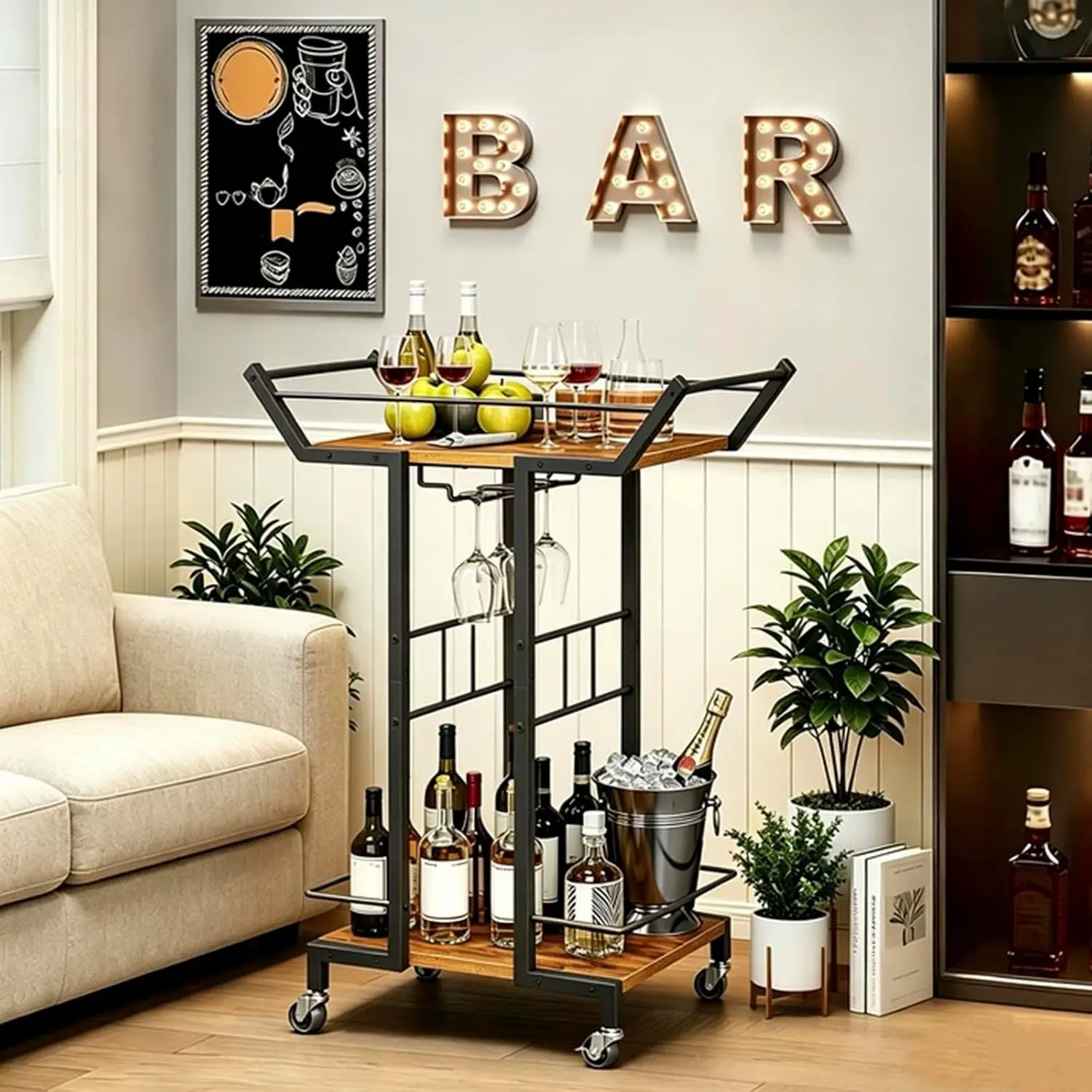 Bar Cart, 3-Tier Serving Cart with Wine Glass Rack, Drink Cart with Wheels, Rolling Beverage Cart, for Living Room, Party, Rustic Brown BC10BR