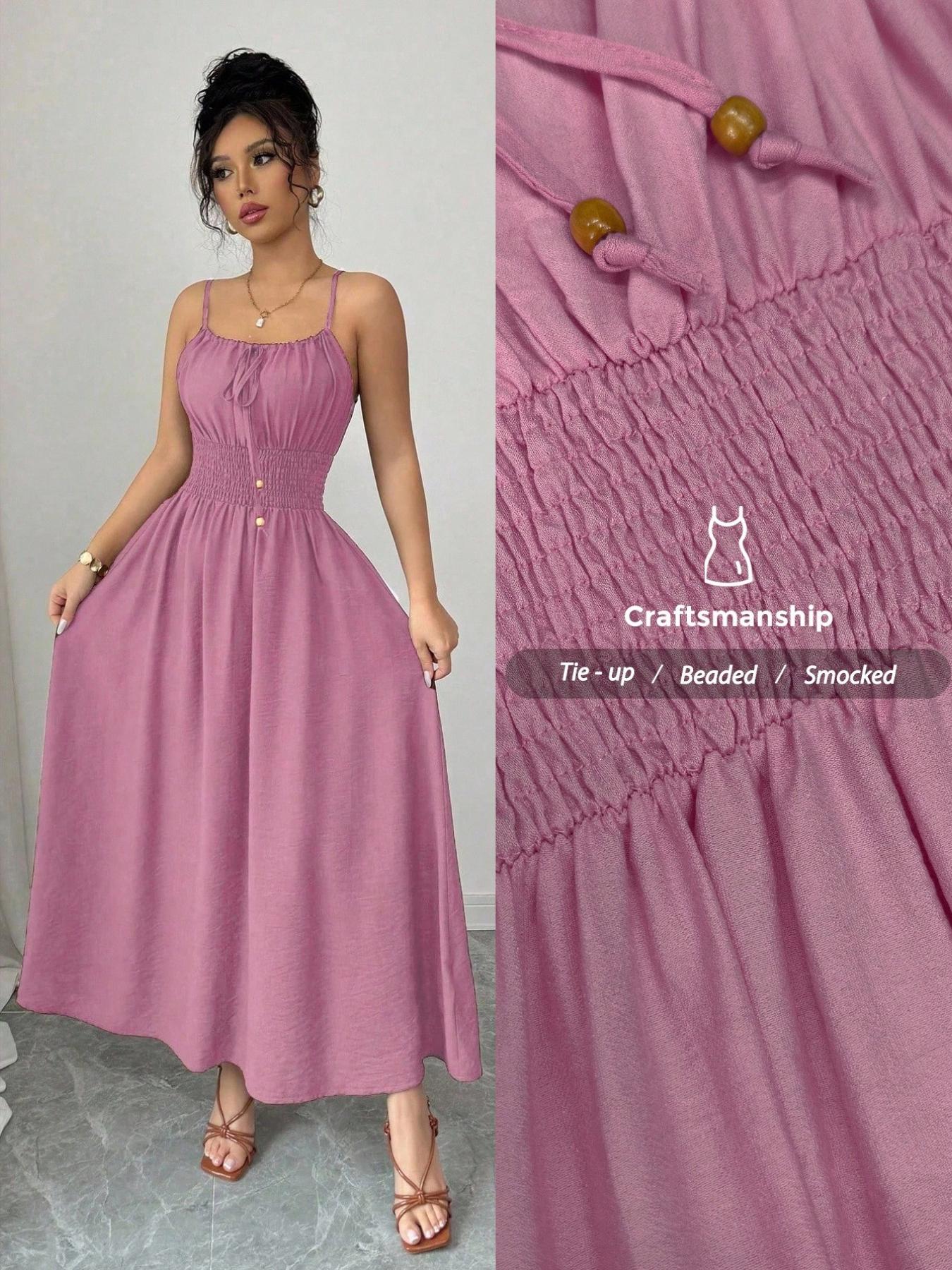 A women's fashionable and high-end French gentle style waist cinching sleeveless camisole dress with lace up bead design, Summer Casual Sundress, suitable for summer, beach wear, dates, dinners, and travel.