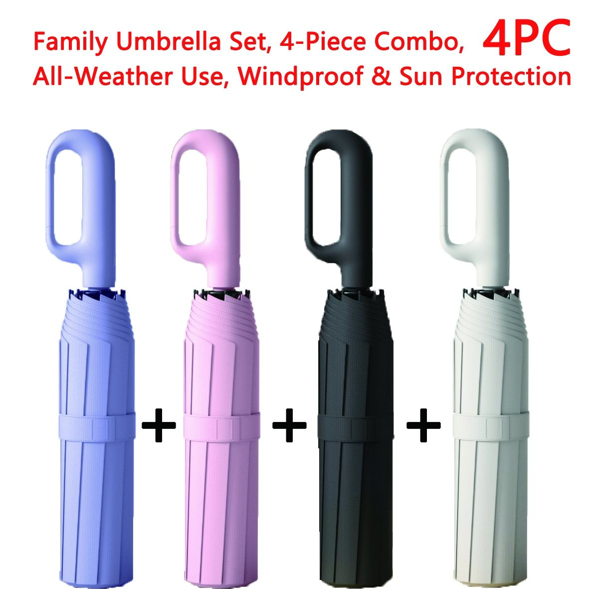 Creative Ring Handle 10k Dual Bone Rain Umbrella Set, Windproof Waterproof, Portable Design, Automatic Opening, Four-Piece Combination, Folding Umbrella, Rainproof Umbrella