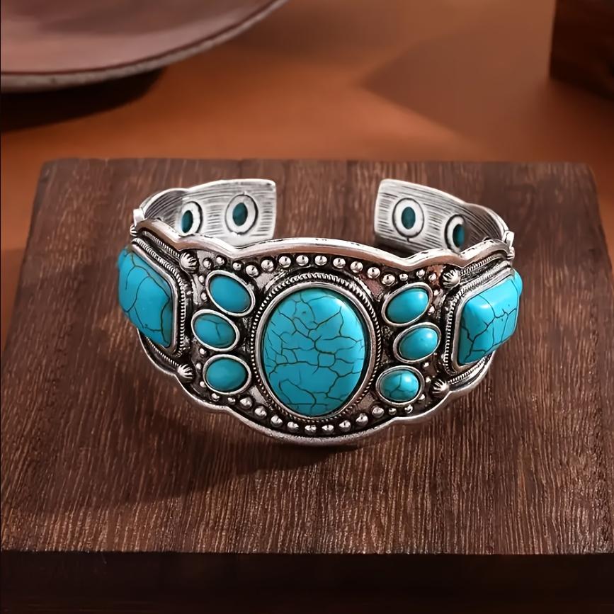 Women's Vintage Bohemian Natural Turquoise Round Bangle - Ethnic Theme, Beading Detail, Boho Beadwork, High-Quality Beads, Unisex Wear, Vacation Casual Accessory, Christmas Valentine's Day Gift Jewelry