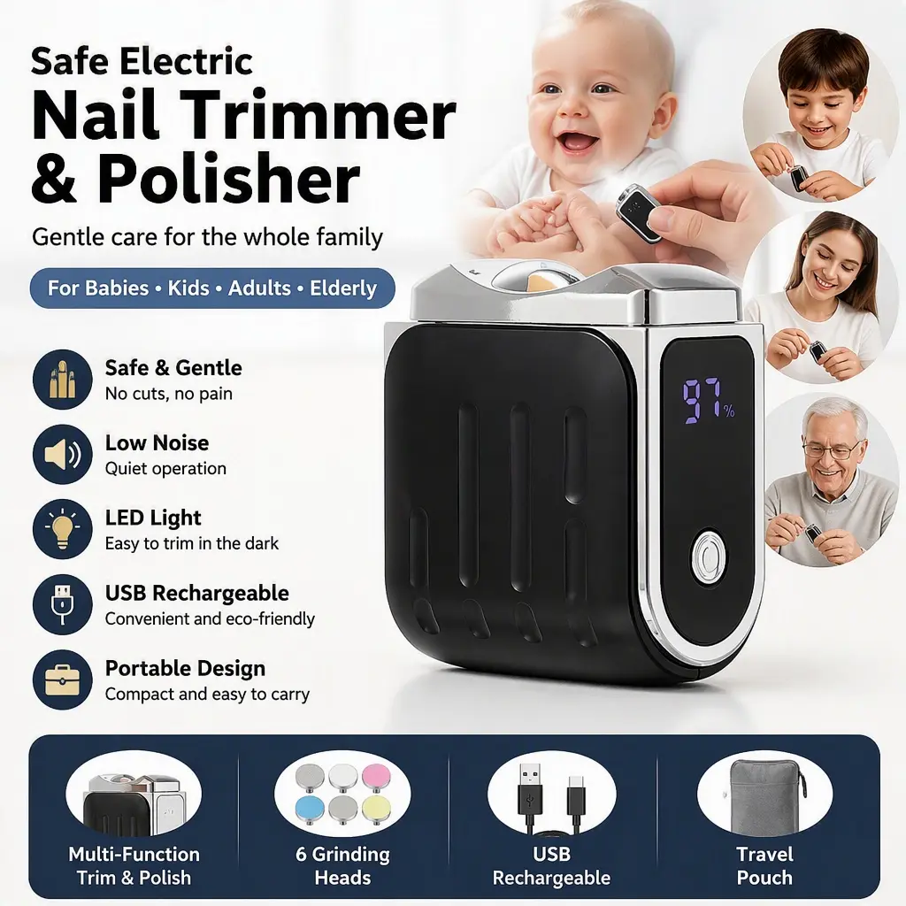 USB Rechargeable Electric Nail Trimmer, Automatic Nail Clipper & Polisher for Babies and Elderly