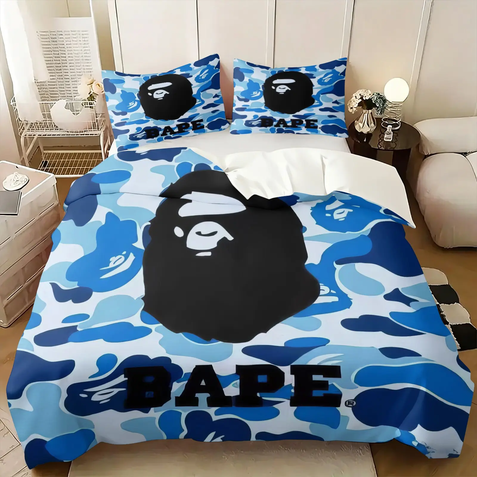 Blue Camouflage Cartoon Ape Print Duvet Cover Set, 1 Duvet and 1-2 Pillowcases, Black Ape Logo and Fresh Camo Design, Durable Comfortable Bedding, Ideal for Teen/Hypebeast Bedroom Dorm Gaming Room Decor