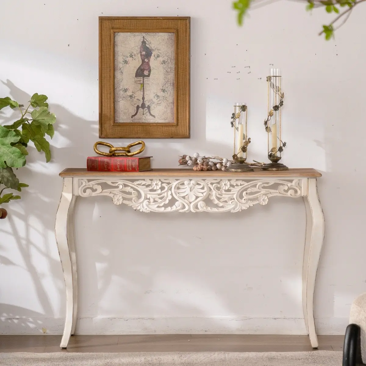 43.31" French Country Carved Console Table with Curved Legs, Narrow Hallway Sofa Table, Antique White, YATU Living