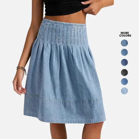 Flowyair Women's High-Waisted Basic Chic Flowy Denim Skirt - Pleated A-Line Flared Midi Bottom for Summer, Women's Jeans Skirt
