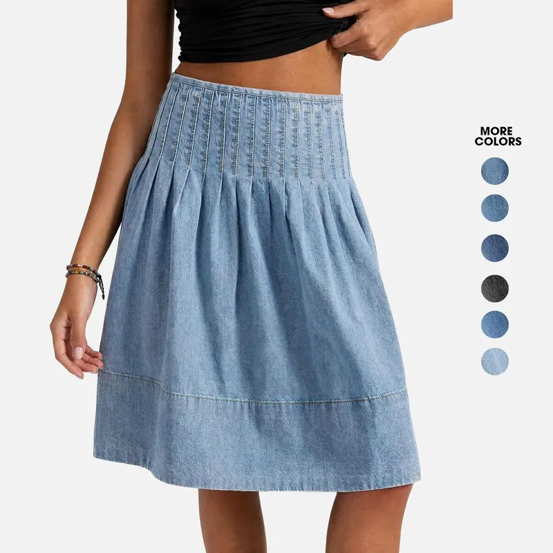 Flowyair Women's High-Waisted Basic Chic Flowy Denim Skirt - Pleated A-Line Flared Midi Bottom for Summer, Women's Jeans Skirt
