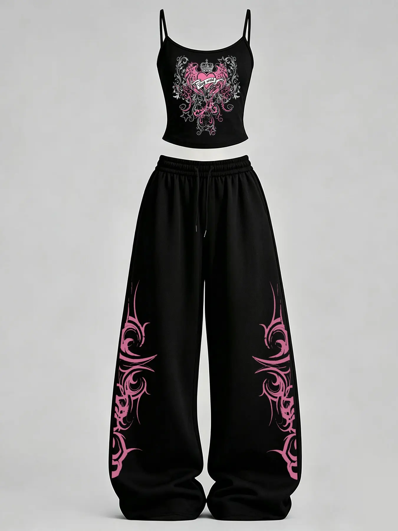Women's Casual Home Wear Set, Matching Set Outfit, Slim Fit Tank Top + Loose Pants, Heart Vine Print, Y2K Punk Style, Daily Commute, Streetwear, Campus, Home Relax