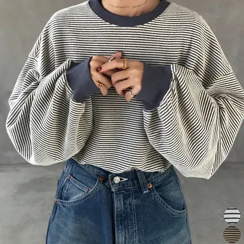 Women's Striped Loose-Fit Round Neck Long Sleeve Casual Top, Fall Winter Pullover Sweatshirt, Comfortable Daily Wear, Knit Sweatshirt