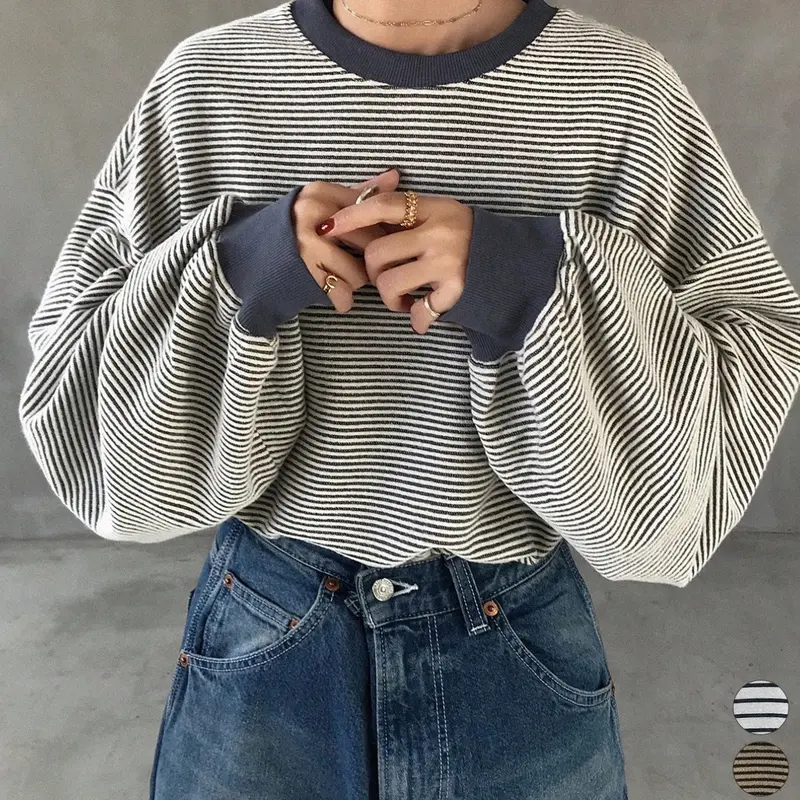 Women's Striped Loose-Fit Round Neck Long Sleeve Casual Top, Fall Winter Pullover Sweatshirt, Comfortable Daily Wear, Knit Sweatshirt