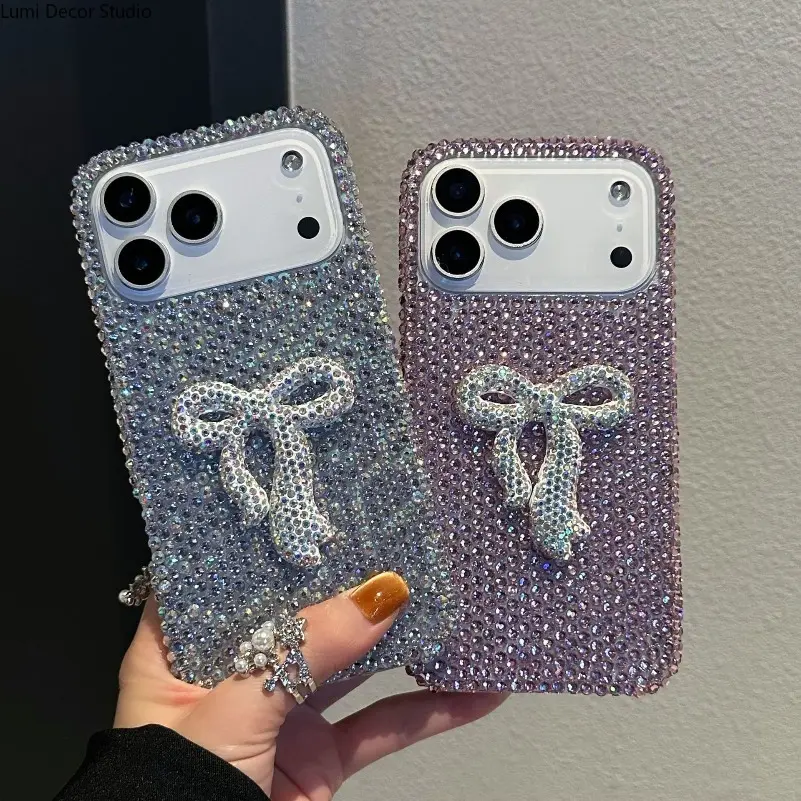 Synthetic Rhinestone Bow Phone Case - Full Diamond Protective Cover with Lanyard for 14-17 Pro Max Series Phones, Daily Carry, Luxury Style