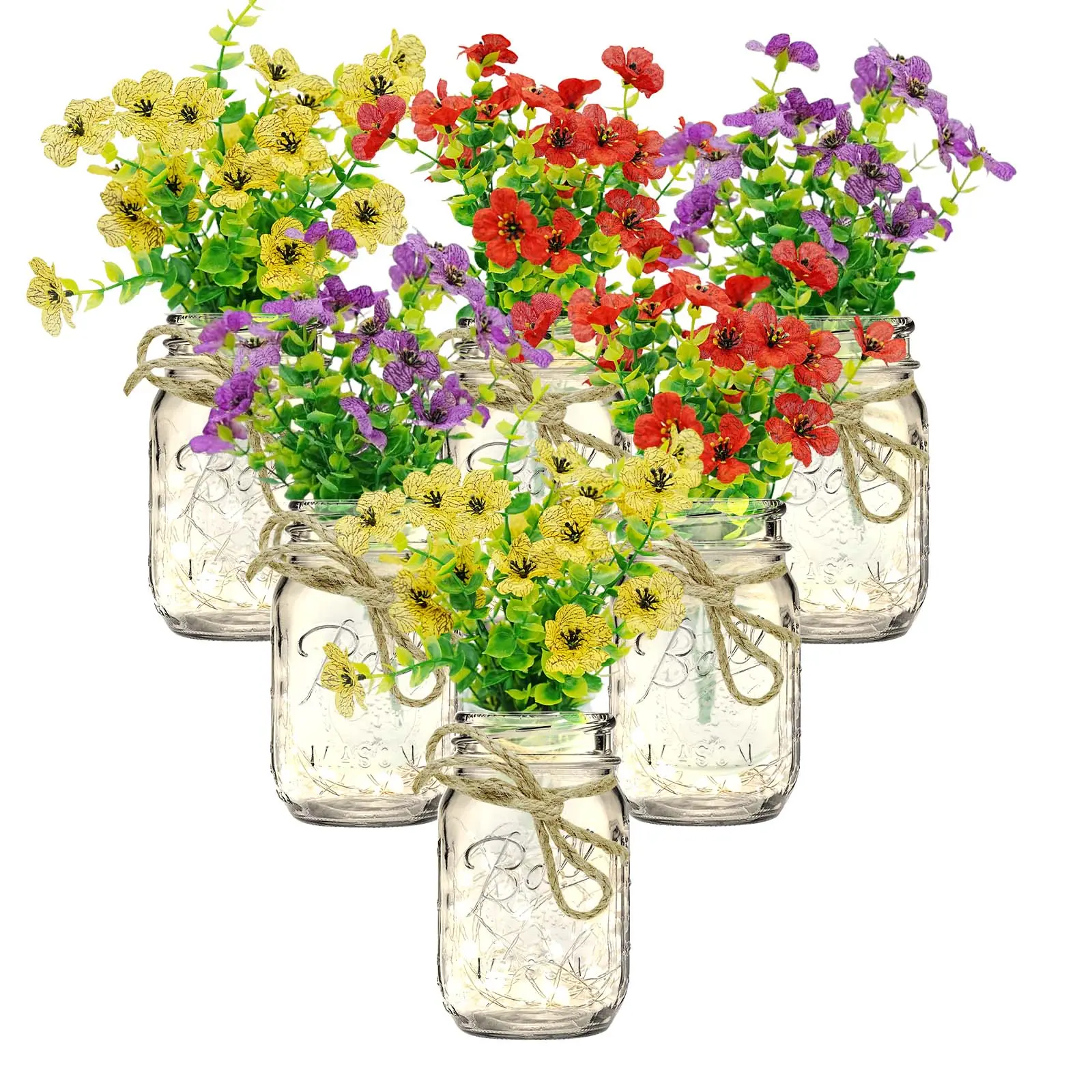 Rustic Mason Jar Centerpiece Set with LED String Lights – 6 Decorative Glass Vases with Artificial Colorful Flowers – Perfect for Weddings, Engagements, Bridal Showers, Living Room & Dining Table – Battery Operated