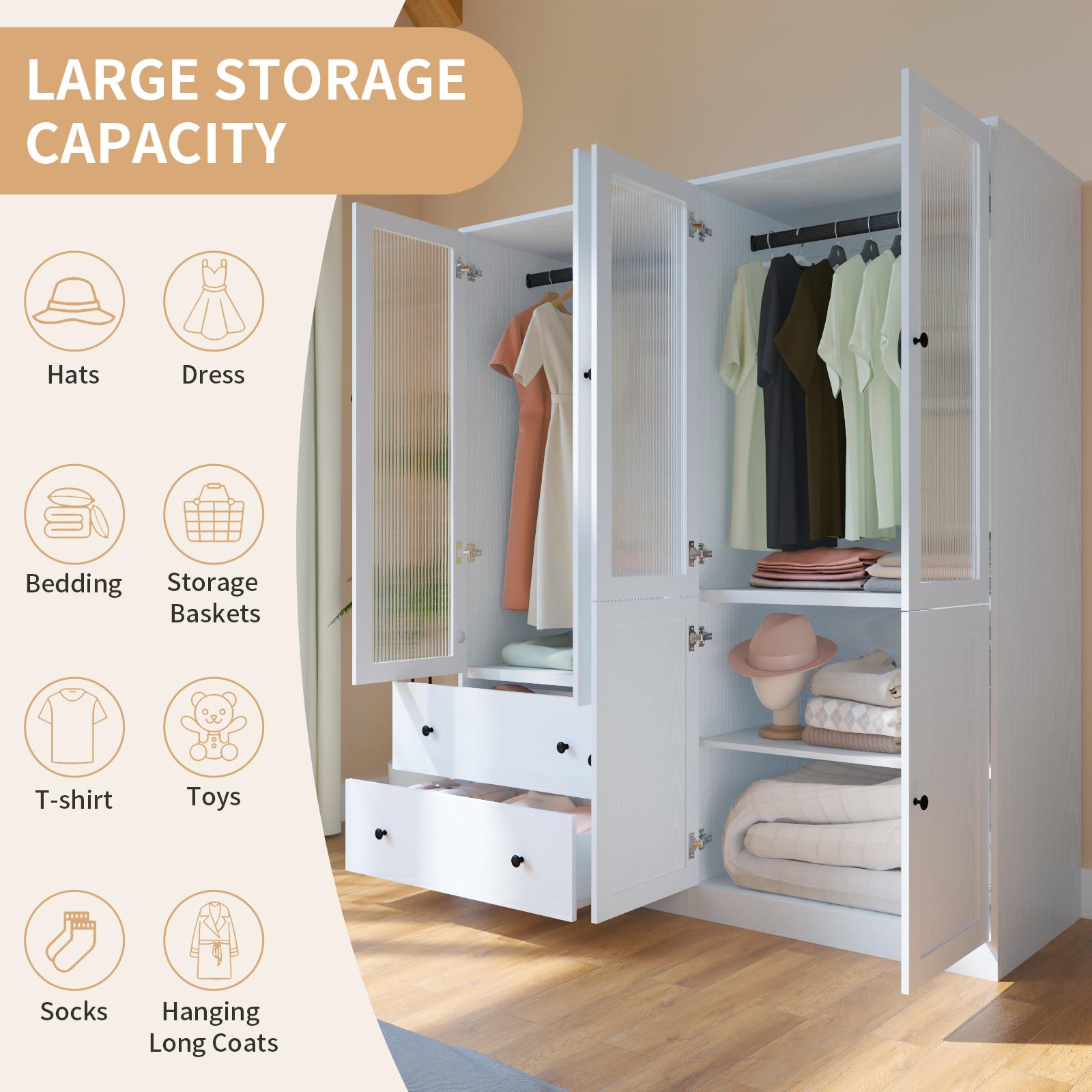 【2 Packages Delivery】VOWNER 71'' White Wardrobe Closet with Fluted Glass Door, 2 Drawer & Shelf, Wood Armoire Storage Cabinet for Bedroom