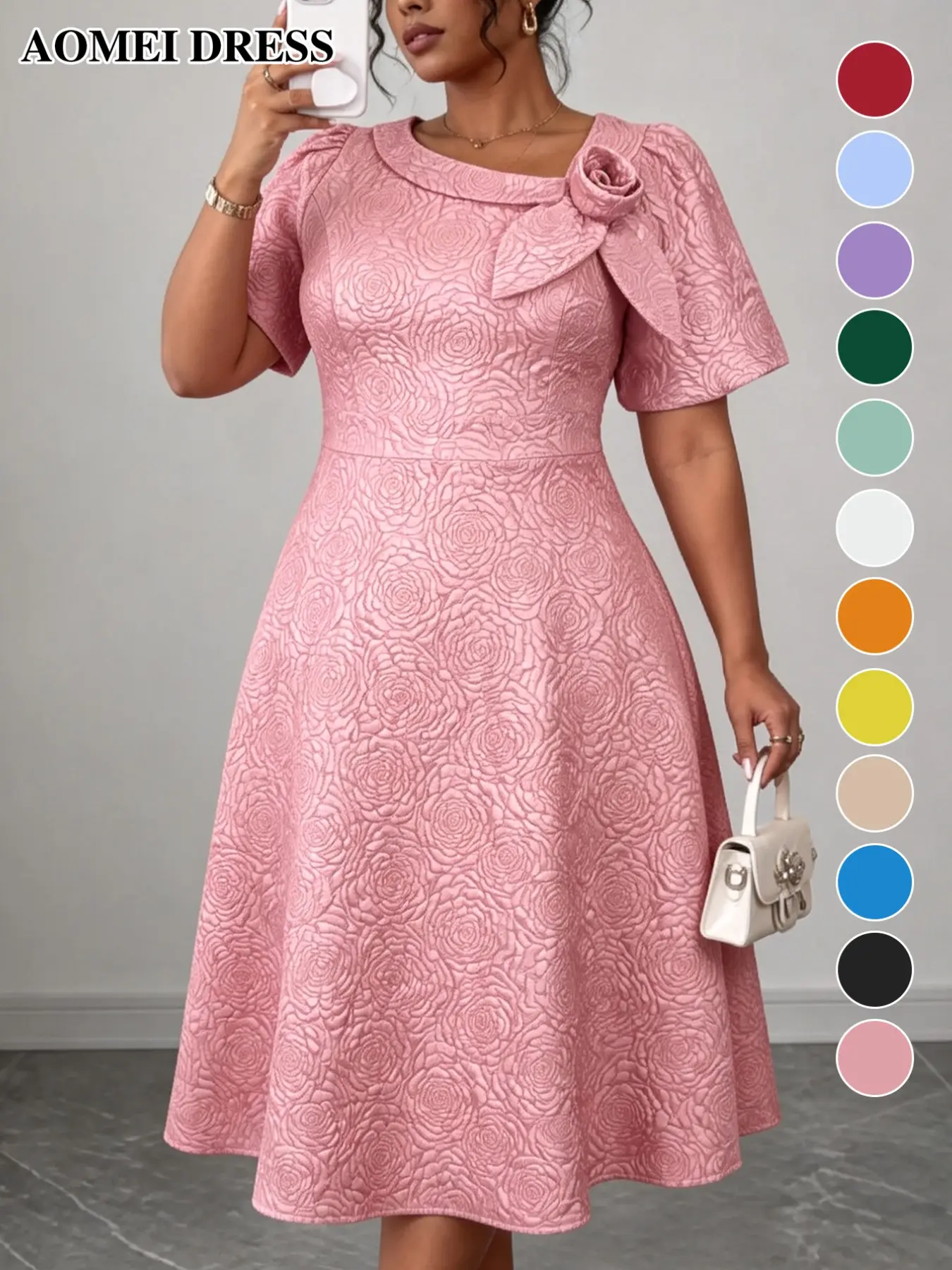 AOMEI DRESS Elegant Formal Women Jacquard A Line Midi High Waist Dress Asymmetric Collar Puff Short Sleeve 3D Floral Wedding Guest Cocktail Party Office Church Spring Summer Outfits