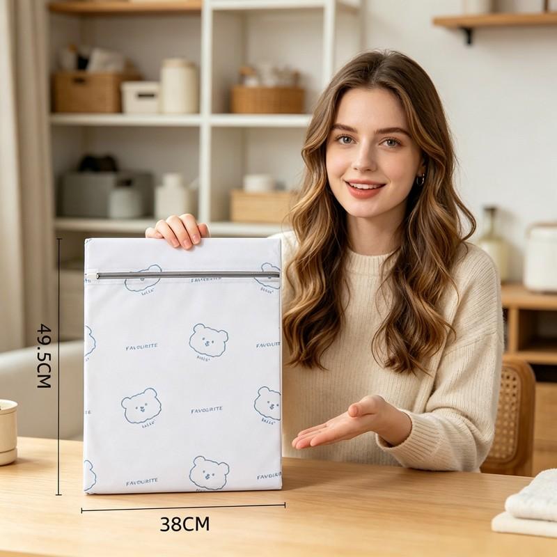 Cute Bear Print Mesh Laundry Bag with Zipper, Durable Fabric, Fine Wash Storage Bag, Suitable for Underwear, Outerwear, Clothes, Socks