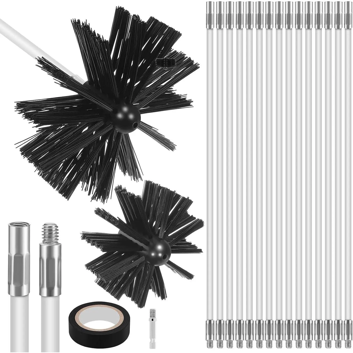 20 Feet Chimney Sweep Brush Kit, 15 Flexible Extendable Rods with 4/6in Heads for Fireplace Stove Maintenance, Rotary Drill Driven Flue Pipe Cleaner, Dryer Vent Lint Removal Tools