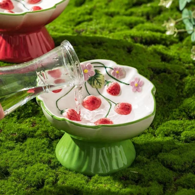 Ceramic Strawberry Slow Feed Bowl, High Feet Design, Anti-Gag and Anti-Spill, Neck Support for Cats and Kittens, Pet Feeding Solution