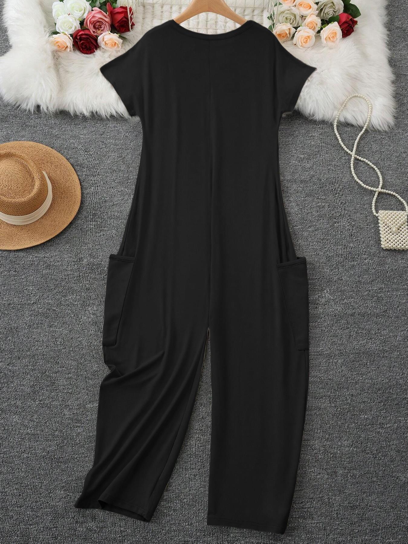 2026 Women's Casual Oversized Jumpsuit, Casual Jumpsuits, Short-Sleeve Batwing V-Neck Harem Pants With pockets, Loose Fit Wide Leg, Perfect for All Seasons, Stylish & Comfortable，Suitable for Daily Home Wear and Fashionable for Outings