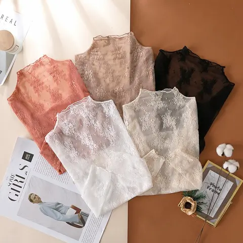 Women's Korean Semi-Transparent Mesh Blouses - Elegant Long Sleeve Sheer Crop Top Bottoming Tees with Lace, Mixmatch 2-3 Sets (2PCS/3PCS Options)