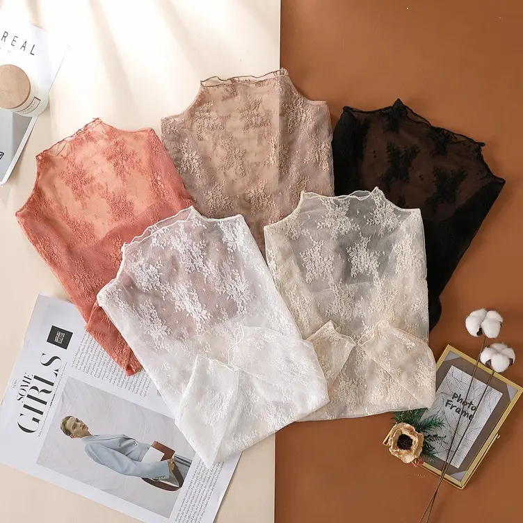 Women's Korean Semi-Transparent Mesh Blouses - Elegant Long Sleeve Sheer Crop Top Bottoming Tees with Lace, Mixmatch 2-3 Sets (2PCS/3PCS Options)