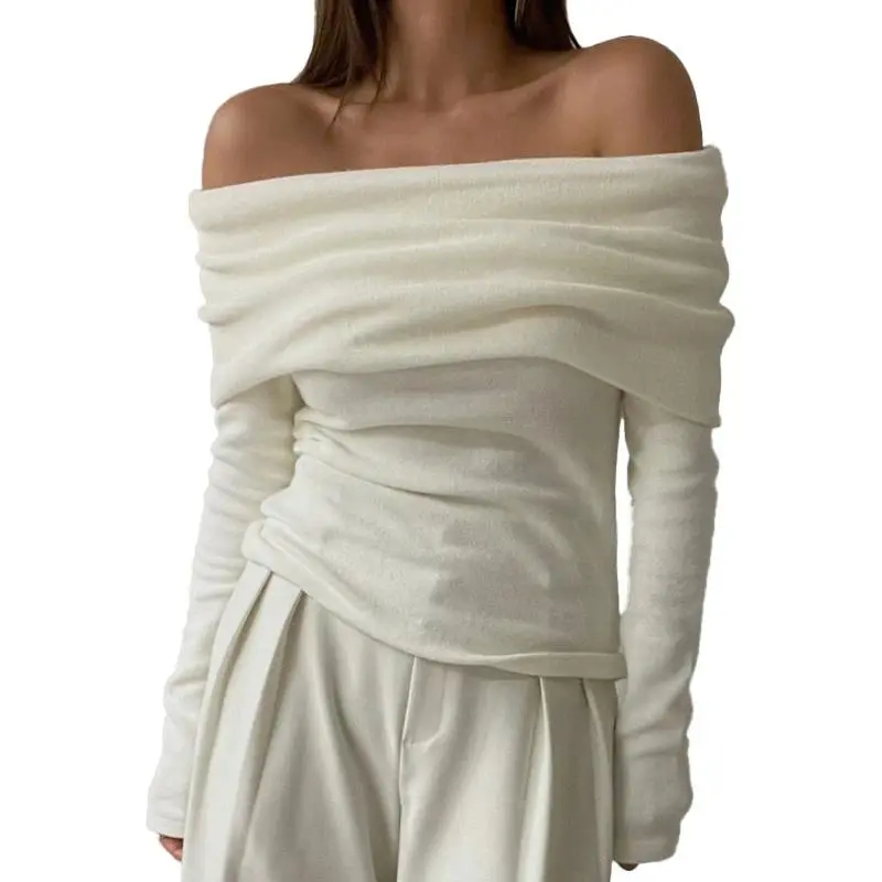 Long Sleeve Off Shoulder Knit Top Women Stretchy Ruched Strapless Pullover Bardot Sweater Spring Summer 2026 Elegant Fashion