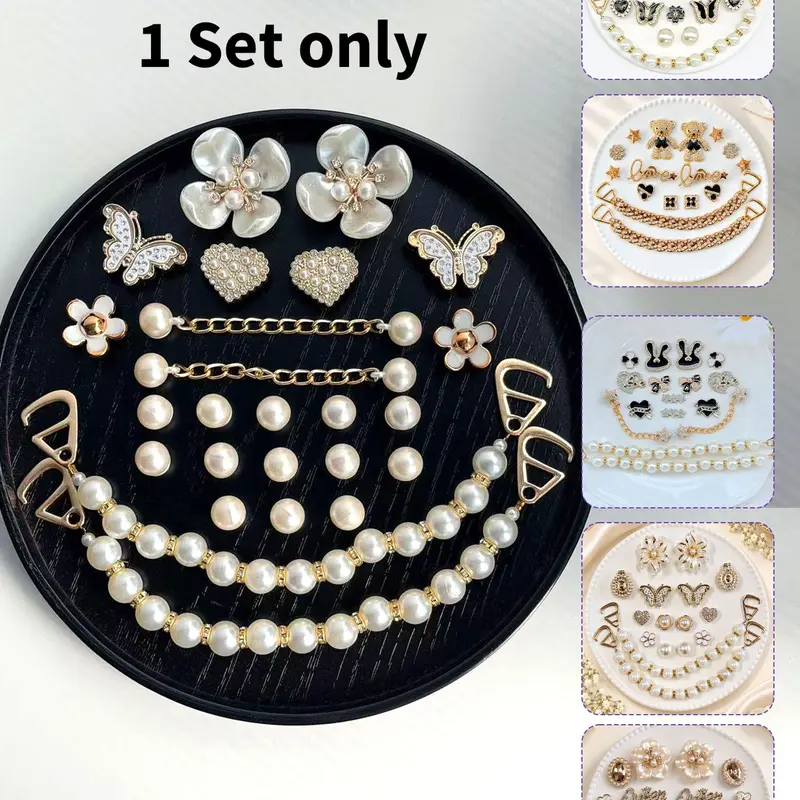 Elegant Pearl Cute Shoe Charms Set, Butterfly Flower Heart Decorations, Trendy Decorative Hole Shoes Accessories, 26 Pieces, Sparkling Shoe Charms, Shoe Decor Accessory