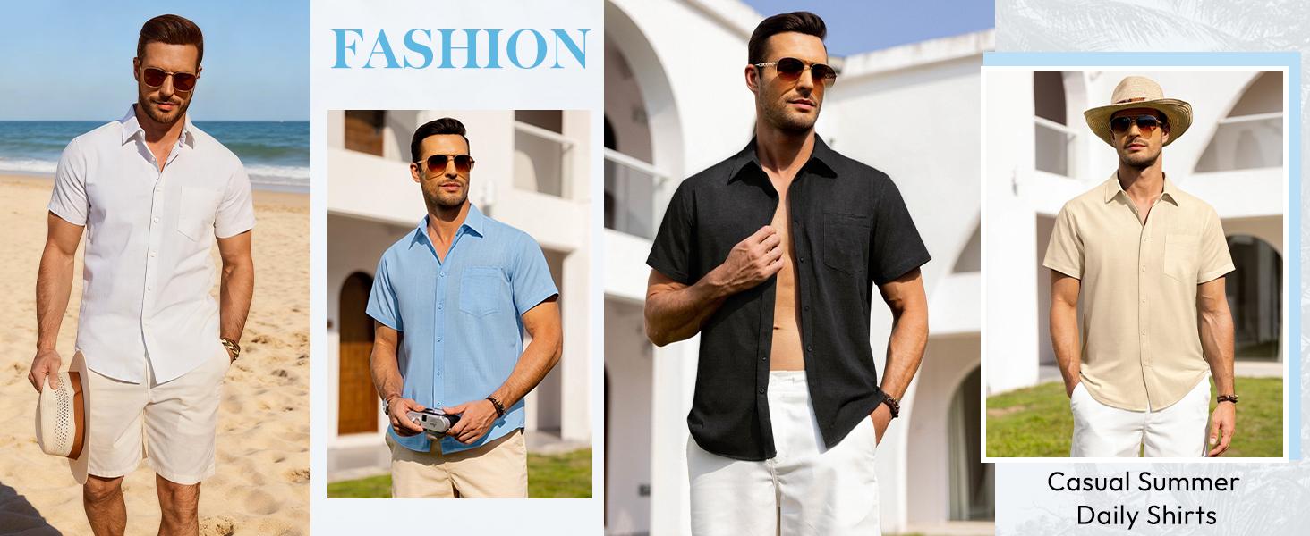 Alimens & Gentle Menswear Mens Linen-Cotton Fabric Plain Short-Sleeve Casual Button-Down Shirt, Lightweight Hippie Tropical Summer Beach Top, Shortsleeve Alimens & Gentle Menswear Mens Linen-Cotton Fabric Plain Short-Sleeve Casual Button-Down Shirt, Lightweight Hippie Tropical Summer Beach Top, Shortsleeve
