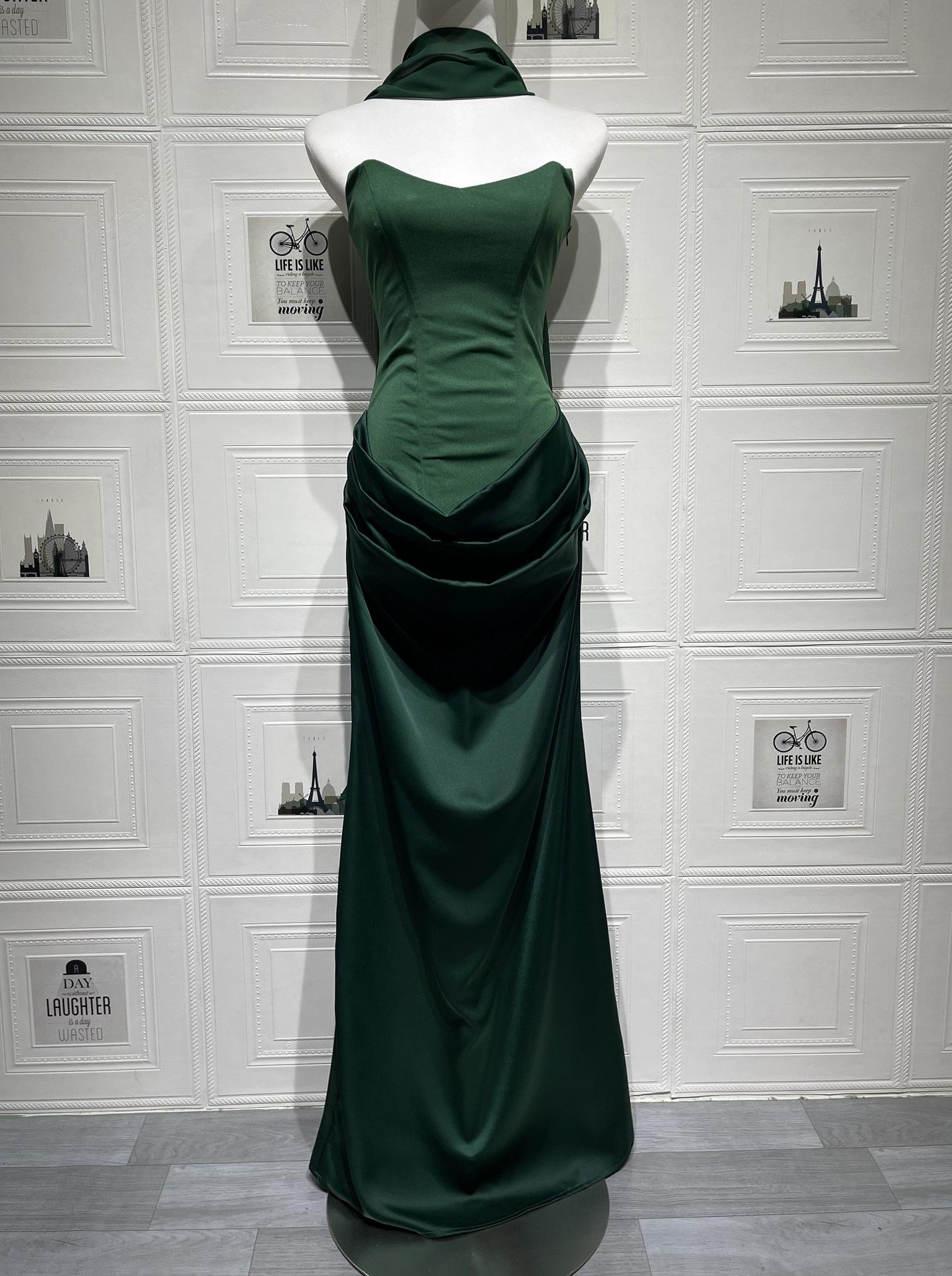 2026 European and American new style solid color waist-cinching sexy strapless bodycon long dress satin tie-back dress with ribbons