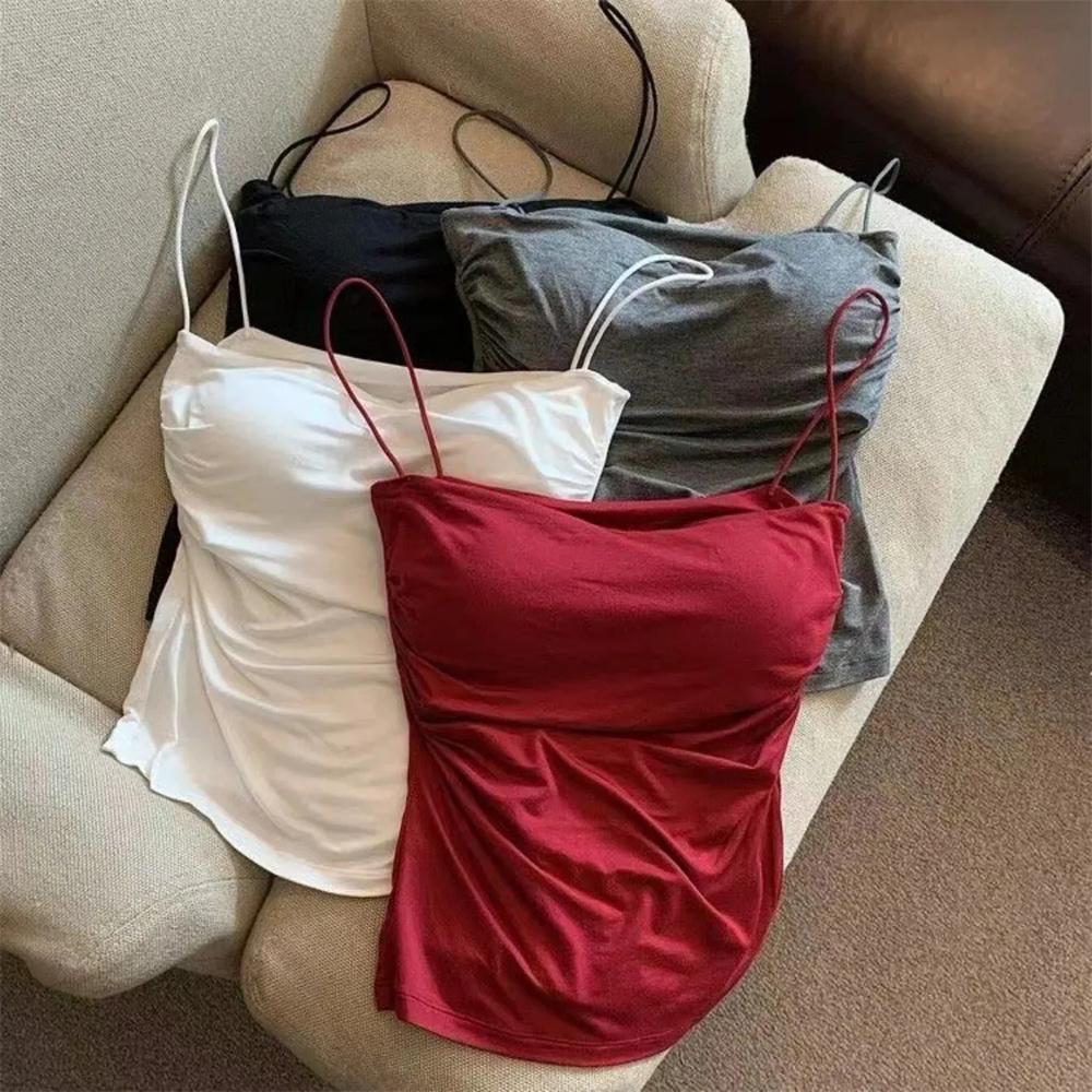 Women's Sexy Corset Crop Top - Thin Strap Ease, Bold Crop Top Look, Short Length, Pleated Detail, Solid Color, Built-In Bra, Soft Support, Sleeveless, Body-Hugging Sun Protective Sports & Outdoor Vest