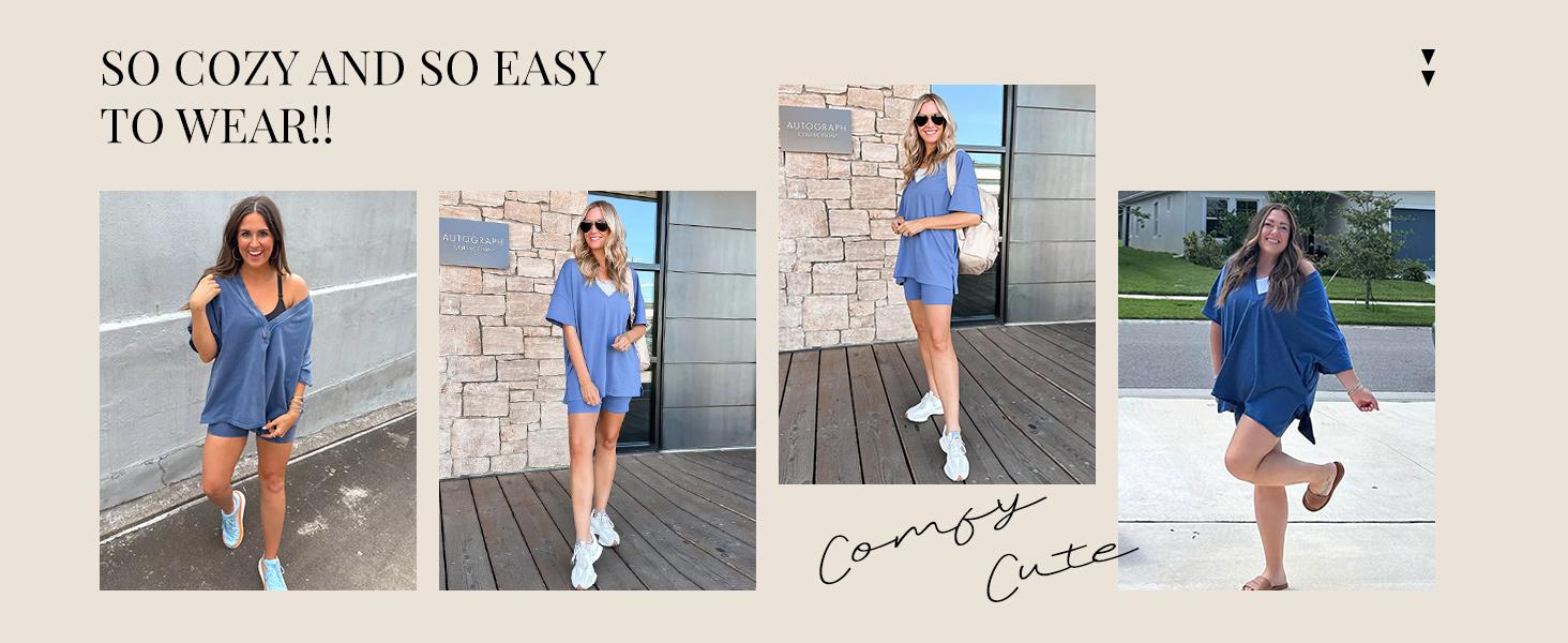 SCUSTY Women's Two Piece set Oversized V Neck T Shirt Biker Short Summer Outfits Hot Shot Reversible Sets SCUSTY Women's Two Piece set Oversized V Neck T Shirt Biker Short Summer Outfits Hot Shot Reversible Sets