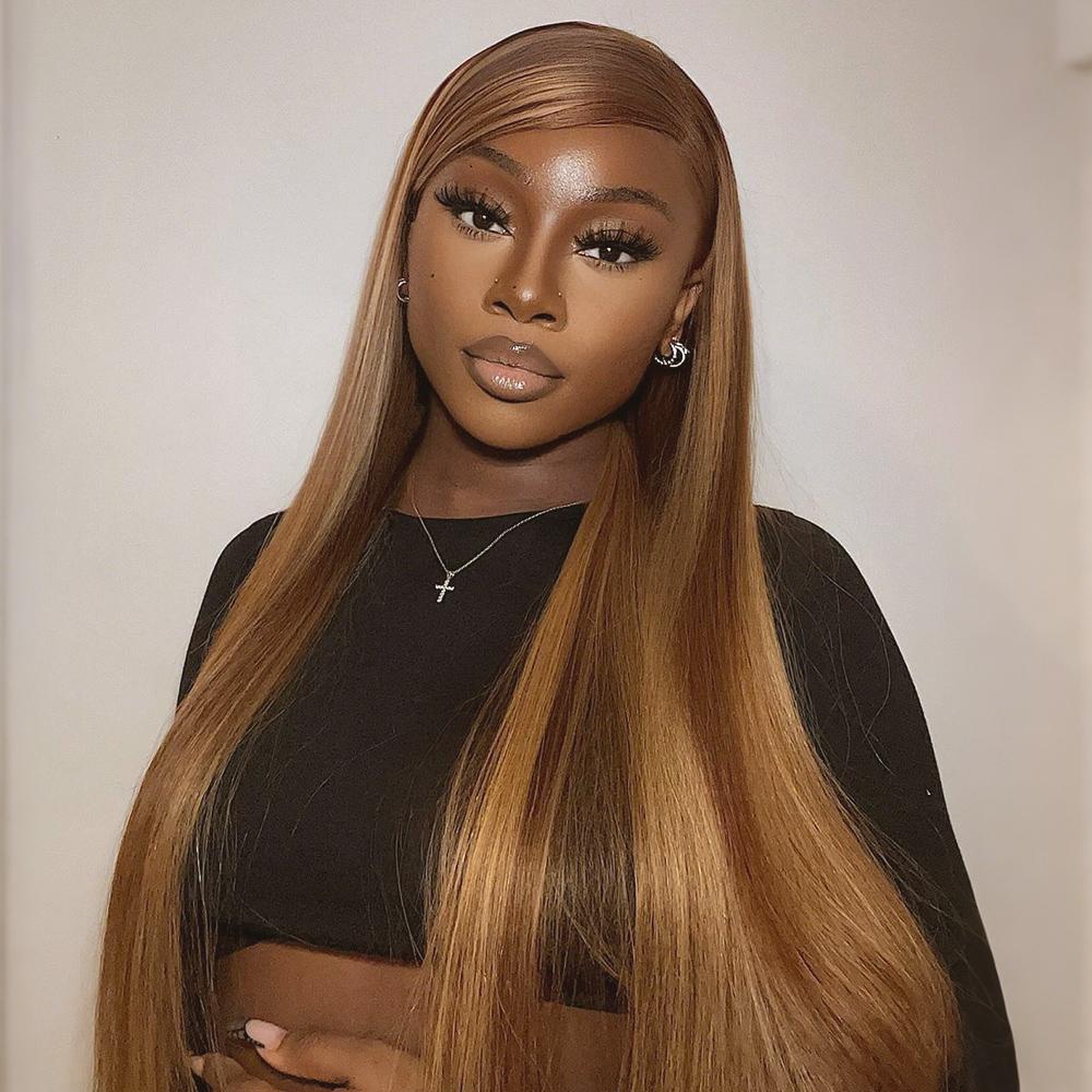Pizazz Hair 13x6 Pre Bleached Honey Blonde Straight Full Lace Front Wigs Human Hair Pre Plucked For Momen 220% Density Highlight HD Transparent Lace Frontal Wigs with Baby Hair